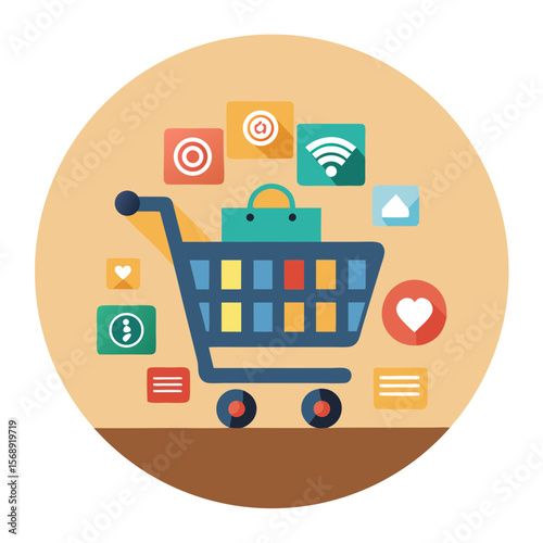 Shopping Cart with Social Media Icons Vector Illustration