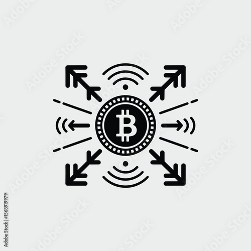 Black and White Minimalist Bitcoin Icon with Arrows and Wifi Signals Decentralized Cryptocurrency Digital Currency Transaction Network Graphic Design Element