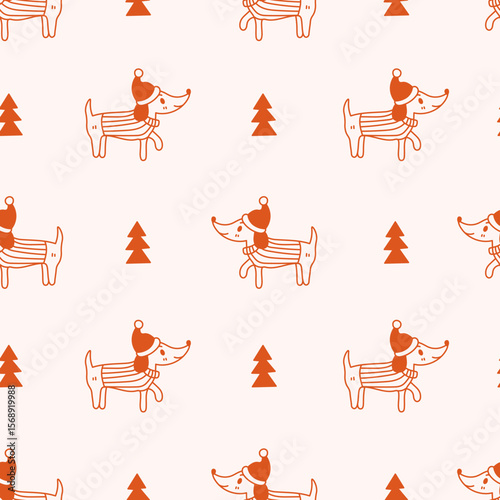 Dachshund Dog with Christmas Tree Seamless Pattern. Hand drawn Holiday background with adorable happy Puppy in Santa hat and Fir in doodle style. Repeat vector illustration with animal