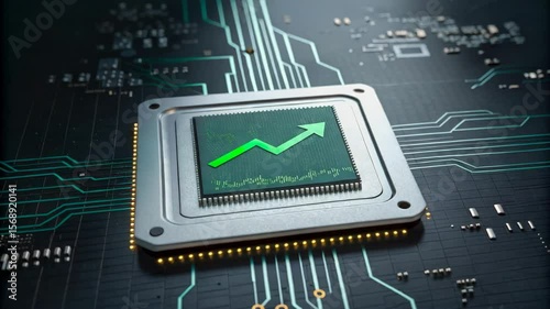 Innovative technology features a central processing unit with an upward trending arrow, showcasing advancements in semiconductors and circuit board designs for enhanced performance.