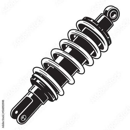 Black and white detailed illustration of a motorcycle shock absorber on a white background