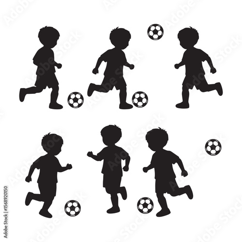 Six Silhouettes of Boys Playing Soccer Balls Action Poses Black and White Illustration Set