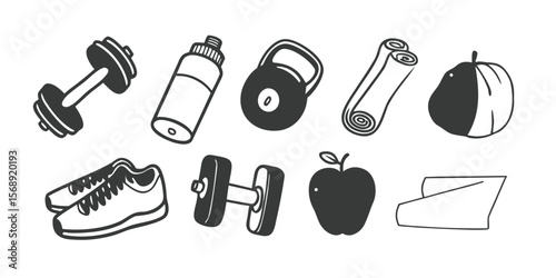 Comprehensive collection of 40 monochrome fitness and health icons for diverse design needs