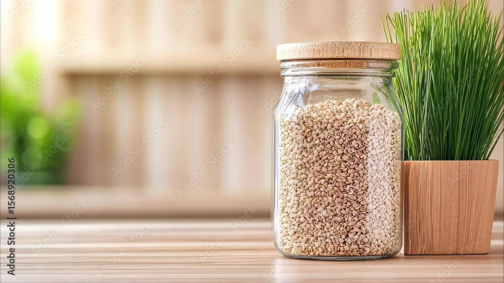 A jar filled with sesame seeds is placed on a wooden surface next to a small planter with greenery.