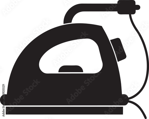 Black silhouette of a steam iron with a cord isolated on white background