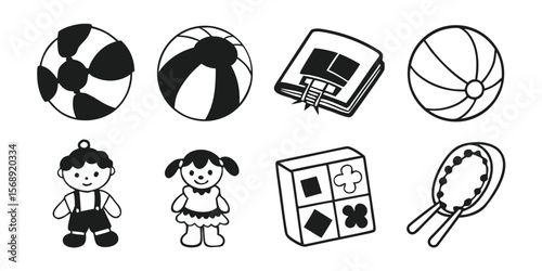 Collection of 40 black and white vector icons featuring children s toys and playtime activities