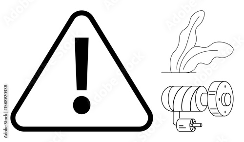 Bold warning triangle with exclamation mark, leafy plant, and industrial machine part. Ideal for safety, caution, environment, machinery, hazard awareness, production monitoring sustainability