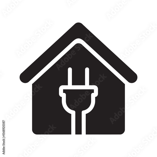 Home electricity supply icon with house and power plug representing residential energy connection and domestic electrical service for property outlet vector solid glyph