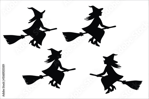 witch halloween broomstick silhouette bundle,  broomstick vector illustration