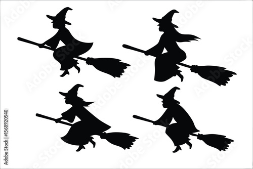 witch halloween broomstick silhouette bundle,  broomstick vector illustration