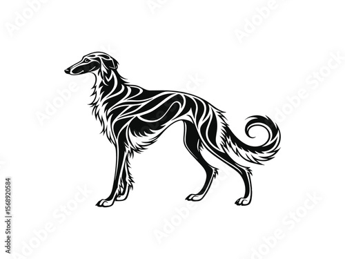 Borzoi dog silhouette vector illustration, pet clipart, black and white animal shape