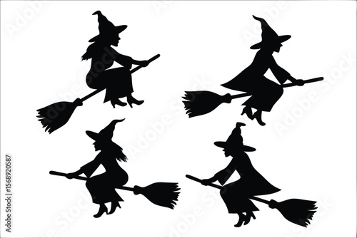 witch halloween broomstick silhouette bundle,  broomstick vector illustration