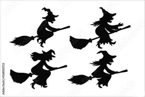 witch halloween broomstick silhouette bundle,  broomstick vector illustration