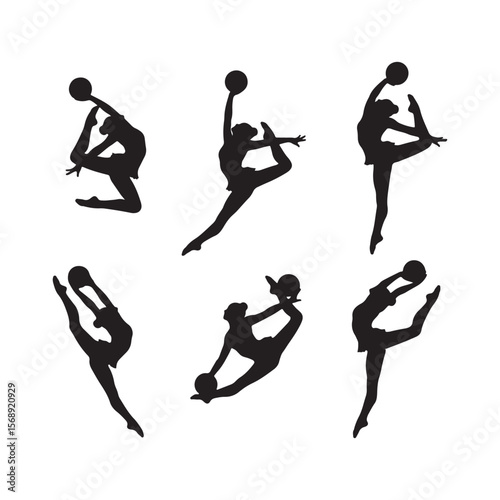 Six Silhouettes of Rhythmic Gymnasts Performing with Balls Dynamic Poses Black and White