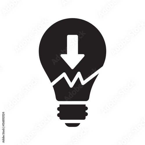 Power outage icon with broken lightbulb and down arrow representing energy failure crisis and electricity supply cut or blackout problem concept vector solid glyph