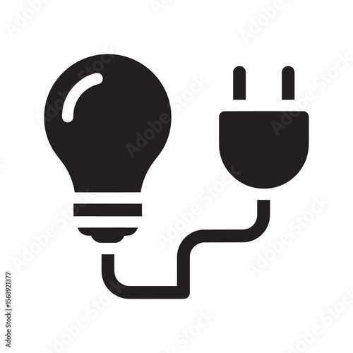 Electricity source icon with lightbulb and power plug representing lighting energy supply and electrical connection for household illumination concept vector solid glyph