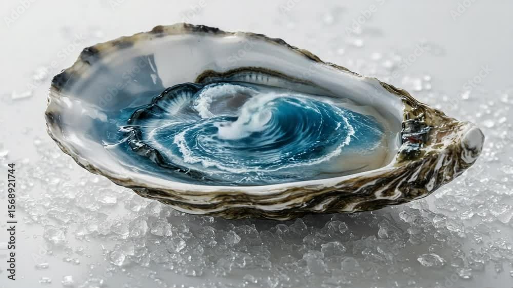 Artistic oyster shell with ocean wave depiction inside