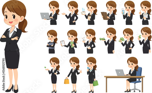 Collection of cartoon business woman characters in various poses and activities