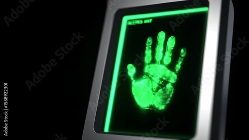 Futuristic biometric hand scanner animation showing access denied with a red warning signal, a concept of failed security identification