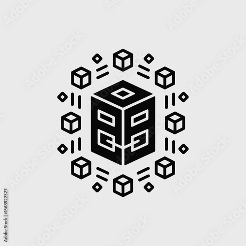 Black and white minimalist vector icon depicting a central three dimensional cube surrounded by smaller cubes in a circular pattern with connecting lines suggesting data transfer or network