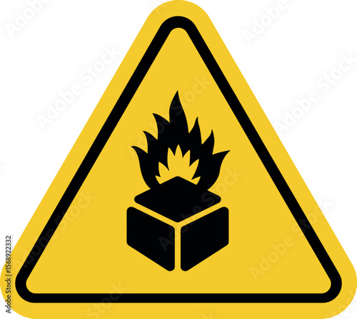 Flammable goods warning sign, yellow triangle caution symbol with flame icon indicating fire hazard