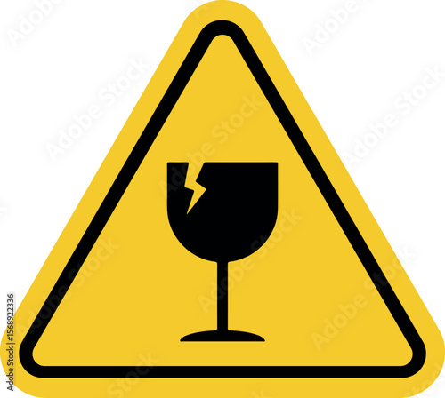 Fragile items warning sign, yellow triangle caution symbol with cracked glass or breakable object icon