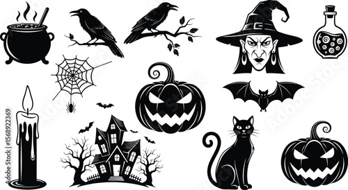 Collection of black halloween icons featuring witch cauldron spider web pumpkin cat bat haunted house and candle