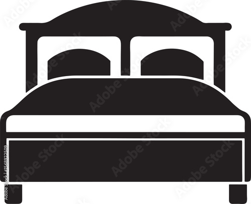 Simple black silhouette of a double bed with pillows isolated on white background