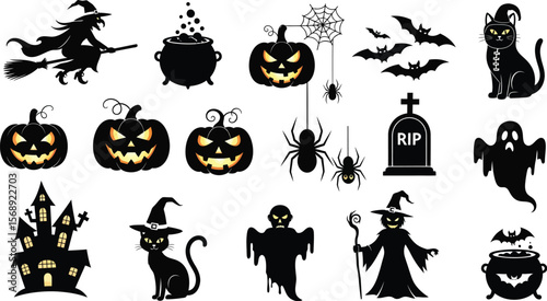 Collection of halloween icons featuring witches pumpkins ghosts bats spiders and haunted houses