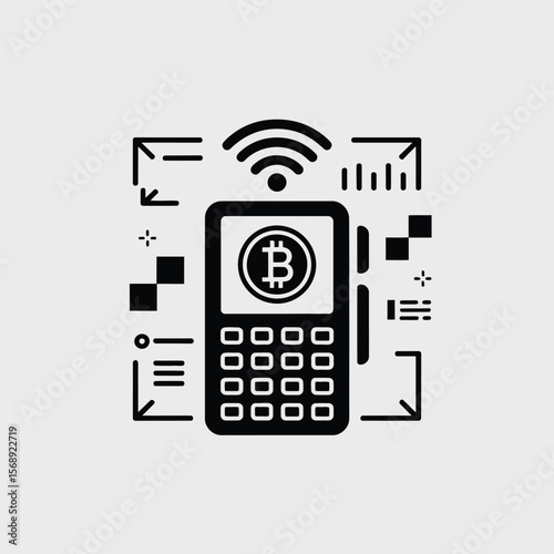 Black and white minimalist vector icon depicting a smartphone with a Bitcoin symbol on the screen surrounded by geometric shapes and a Wi Fi symbol representing cryptocurrency payment technology
