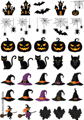 Collection of halloween icons featuring haunted houses bats spiders pumpkins black cats witches hats witches and ghosts