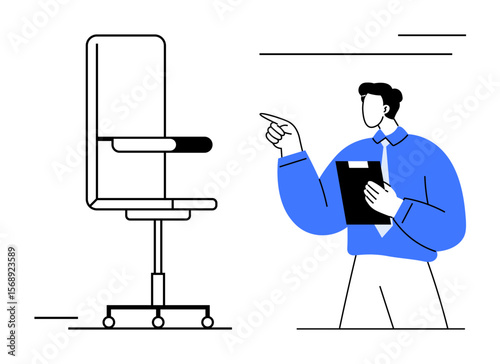 Male professional holding clipboard, pointing at office chair. Ideal for ergonomics, workplace setup, decision-making, evaluation, corporate strategies, team management, flat simple metaphor
