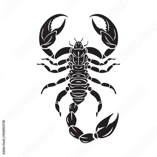 A minimalist silhouette vector of a scorpion, scorpion isolated on white background, Black and white scorpion silhouette, ideal for logos, branding, and wildlife themed digital art