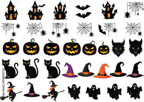 Collection of halloween icons featuring spooky houses jack o lanterns black cats and witches