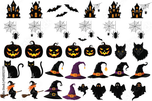 Collection of halloween icons featuring haunted houses spiders bats pumpkins wolves witches hats and ghosts