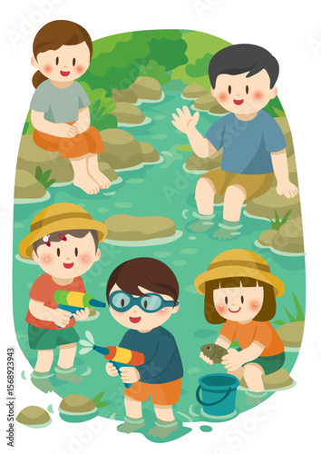 川遊びを楽しむ家族のイラスト 、Family Enjoying River Play Illustration