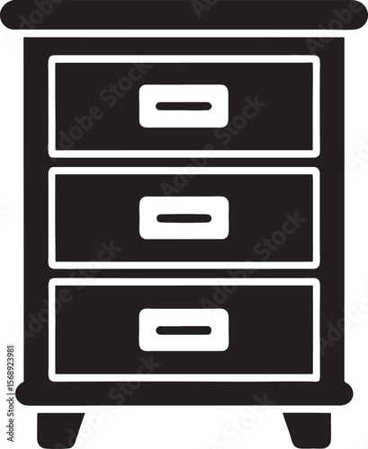 Black silhouette of a three-drawer filing cabinet isolated on white background