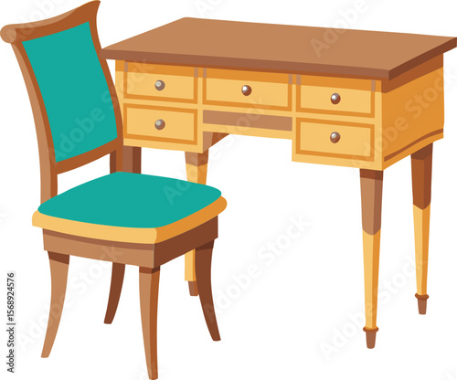Vintage wooden desk and chair with upholstered seat and back isolated on white background