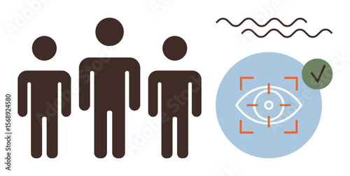 Three human figures beside an eye symbol encased in a blue circle with scanning indicators and a checkmark. Ideal for security, identification, technology, authentication, privacy, surveillance