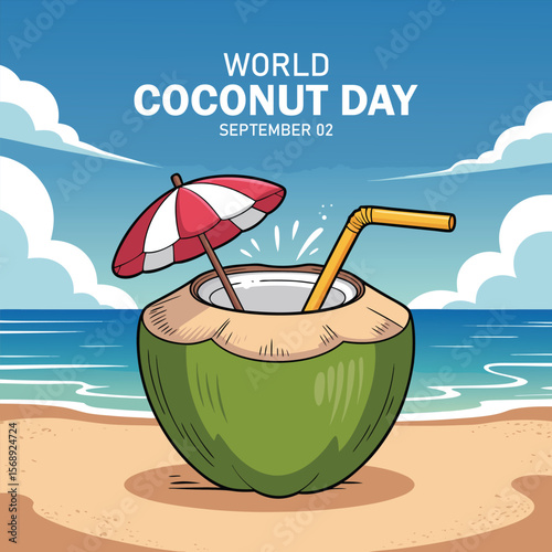 World Coconut day 2nd Sept celebration background, cover banner, social media post. Coconut day banner with green coconuts,	