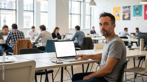 Man in coworking space with blank laptop screen for UI mockup