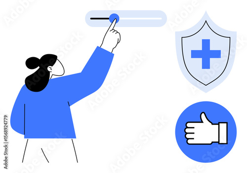 Woman adjusting a slider. Adjacent elements include a shield with a cross and thumbs-up icon. Ideal for safety, health, approval, decision-making, protection, wellness, simple landing page