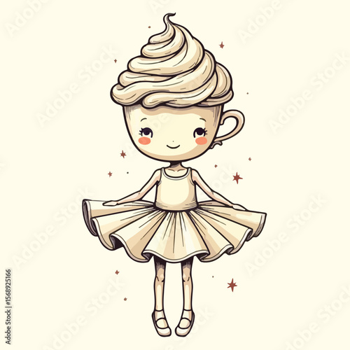 Dancing A cute ballerina with cappuccino cup head and whipped cream as hair, wearing a tutu, in a cream background. vector illustration