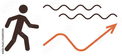 Stick figure walking, wavy lines representing challenges, and arrow indicating growth or progress. Ideal for leadership, motivation, career development, personal growth, goal-setting, journey