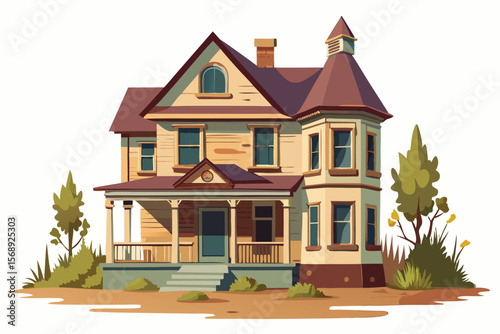 Victorian-Style House Illustration  Charming Architectural Design and Home Exterior