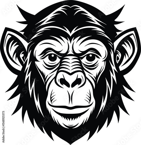 Intense chimpanzee face with fierce eyes and tribal markings silhouette