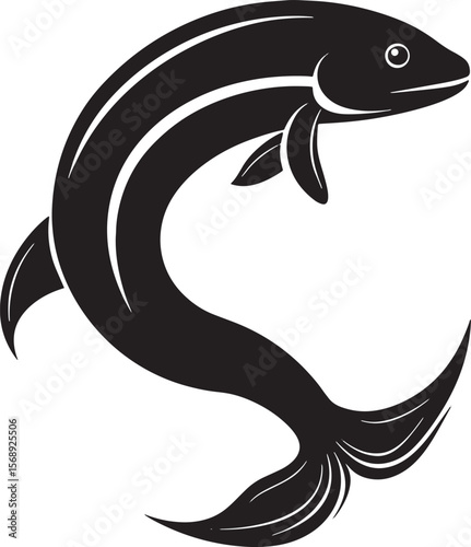 black fish silhouette jumping with elegant curves isolated on white background