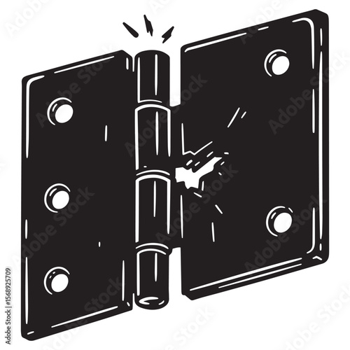 Detailed black and white illustration of a broken hinge isolated on a white background