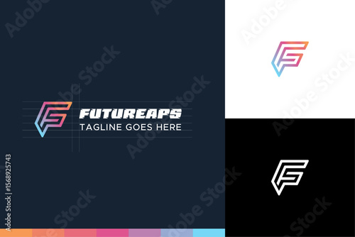 Geometric letter F icon: A modern and striking letter "F" logo in outline geometric design, featuring dynamic lines and gradient color to convey innovation.