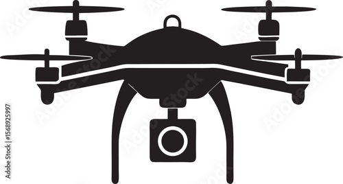 Black silhouette of a quadcopter drone with a camera isolated on white background